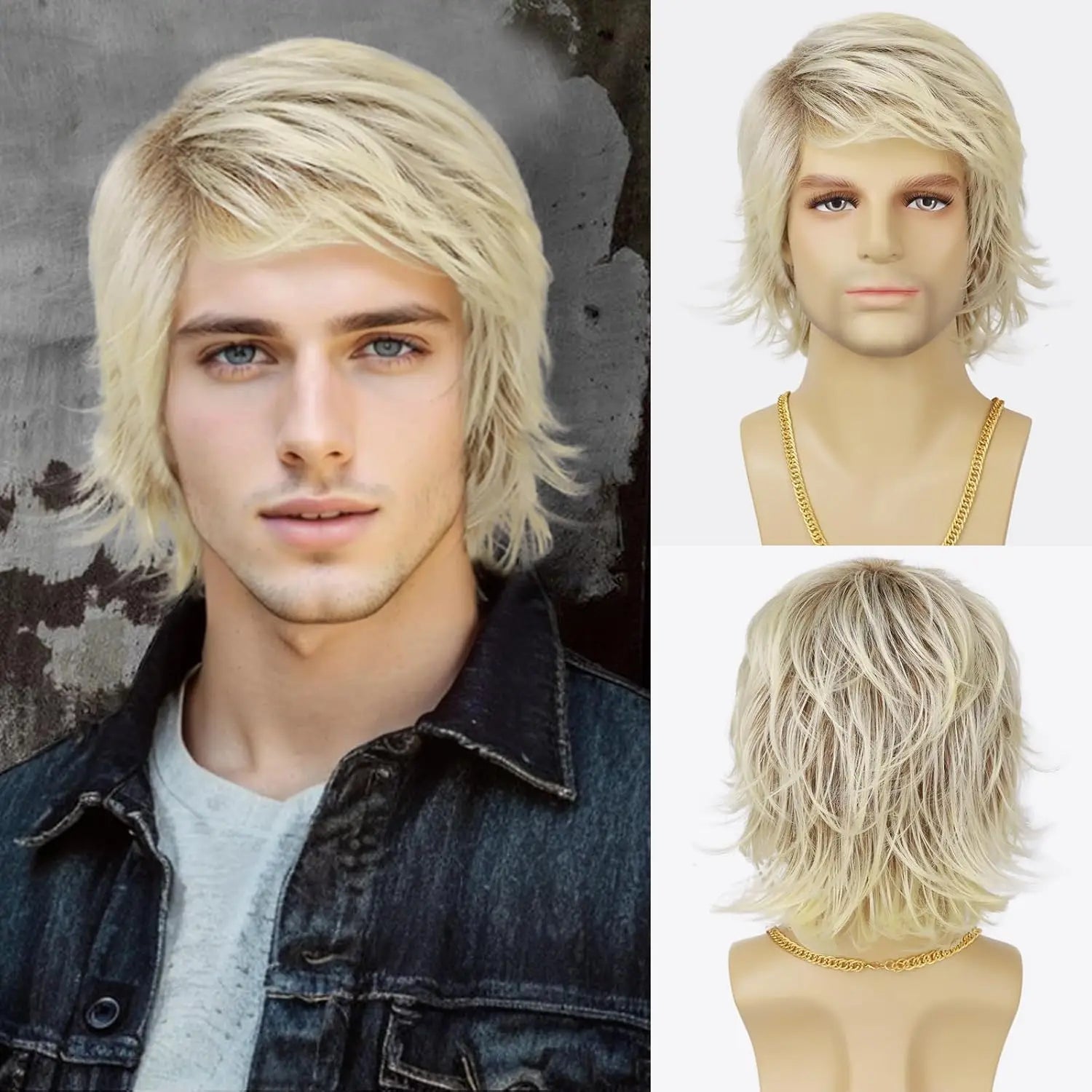 Synthetic Mens Hair Wig Short Blonde Layered Heat Resistant Wigs for Male Daily Party Cosplay Costume Halloween Use