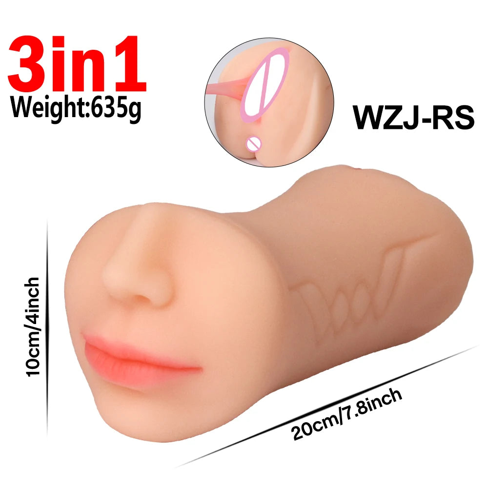 Pocket Pussy Male Masturbator with Lifelike Face 3 in 1 Sex Doll with Realistic Textured Mouth Vagina and Tight Anus Masturbator